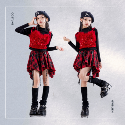 レッドスパンコール×チェック柄 ダンスコスチュームセット
