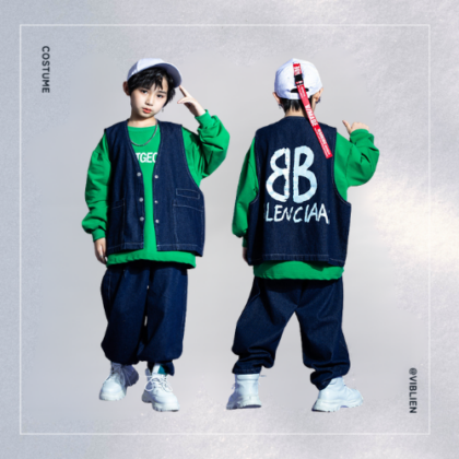 デニムベスト×グリーンスウェット ストリートダンス衣装