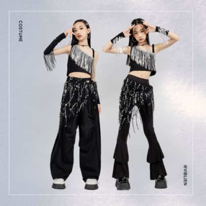 ブラック×シルバー ガールズJAZZ キッズダンス衣装
