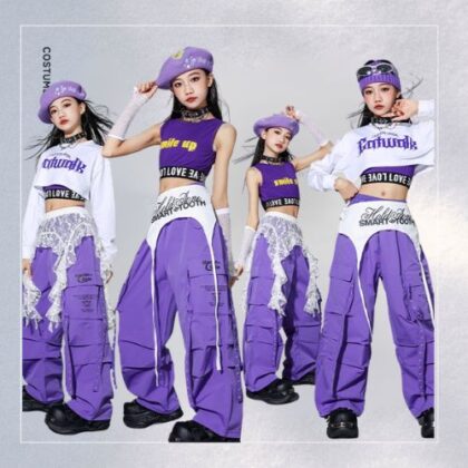 パープル×ホワイト ガールズK-POP キッズダンス衣装