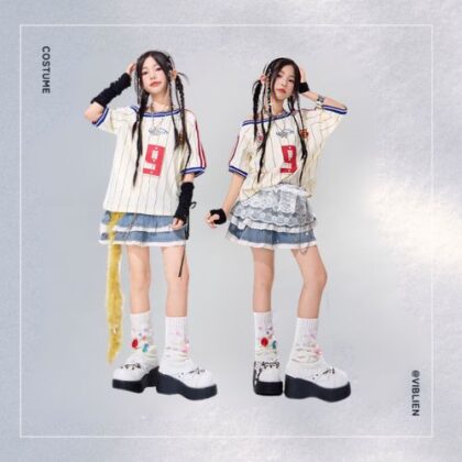 アイボリー×ブルー ガールズK-POP キッズダンス衣装