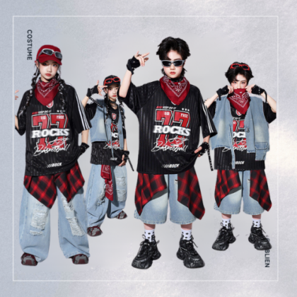 ブラック×レッド ストリートHIPHOP キッズダンス衣装