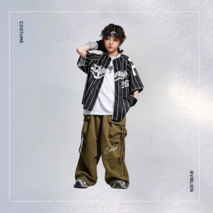 カーキ×ブラック ストリートHIPHOP キッズダンス衣装