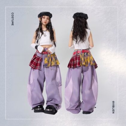 パープル×ホワイト ガールズHIPHOP キッズダンス衣装