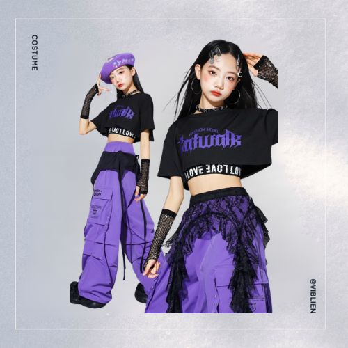 パープル×ブラック ガールズHIPHOP キッズダンス衣装 - 画像 (2)
