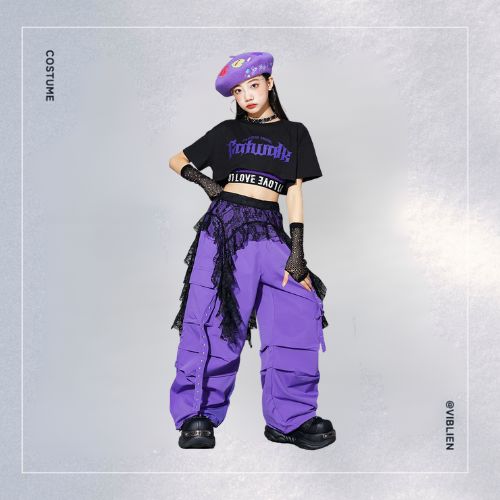 パープル×ブラック ガールズHIPHOP キッズダンス衣装 - 画像 (3)