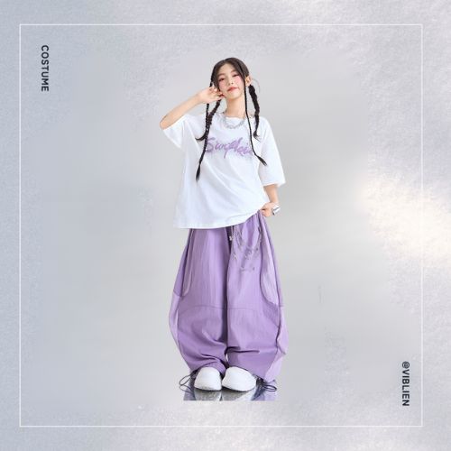 パープル×ホワイト ガールズHIPHOP キッズダンス衣装 - 画像 (2)