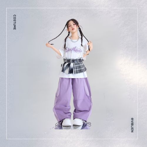 パープル×ホワイト ガールズHIPHOP キッズダンス衣装 - 画像 (3)
