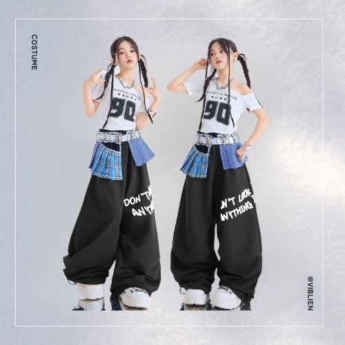 ブルー×ブラック ガールズHIPHOP キッズダンス衣装 - 画像 (2)