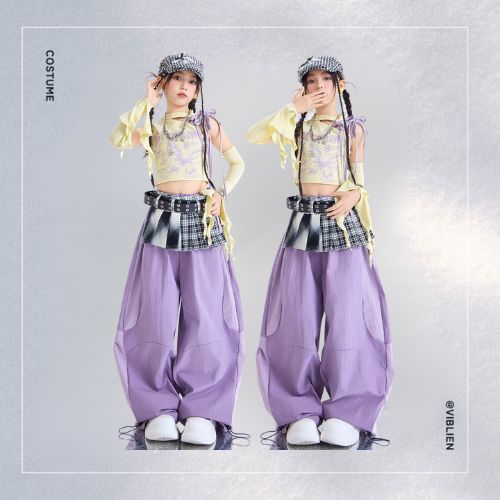 パープル×ホワイト ガールズHIPHOP キッズダンス衣装 - 画像 (2)