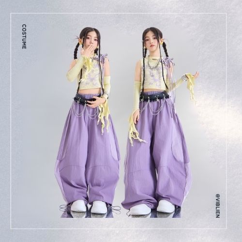 パープル×ホワイト ガールズHIPHOP キッズダンス衣装 - 画像 (3)