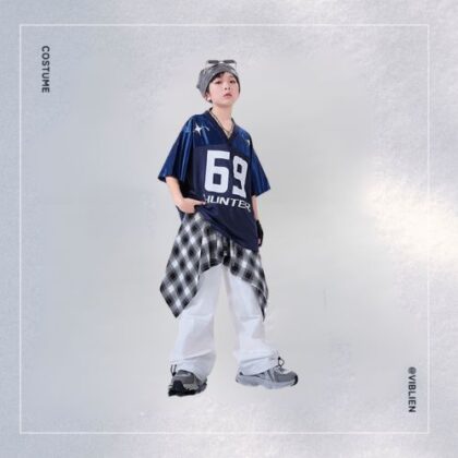 ネイビー×ホワイト ストリートHIPHOP キッズダンス衣装