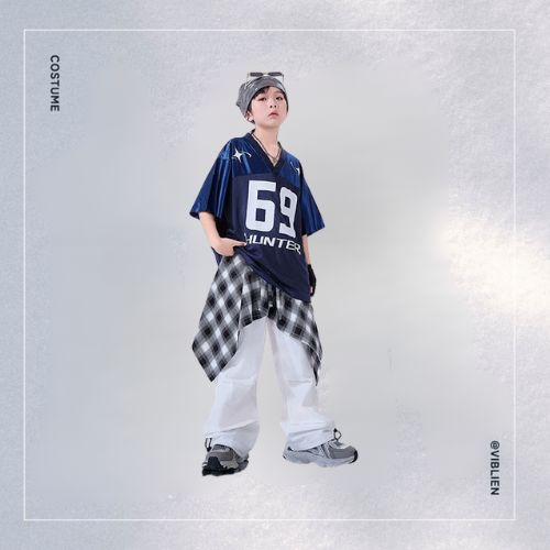 ネイビー×ホワイト ストリートHIPHOP キッズダンス衣装