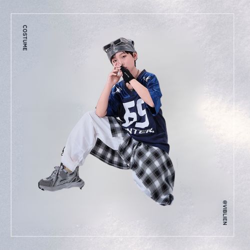 ネイビー×ホワイト ストリートHIPHOP キッズダンス衣装 - 画像 (4)