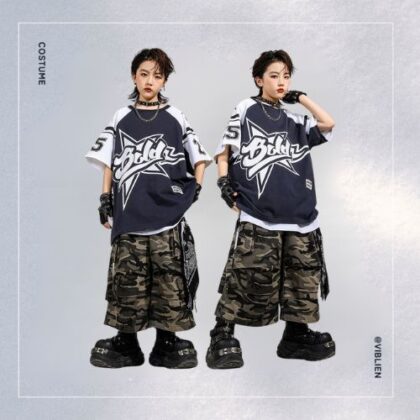 ネイビー×カーキ ストリートHIPHOP キッズダンス衣装