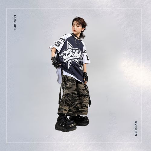 ネイビー×カーキ ストリートHIPHOP キッズダンス衣装 - 画像 (2)