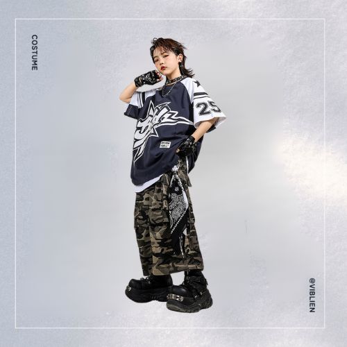 ネイビー×カーキ ストリートHIPHOP キッズダンス衣装 - 画像 (3)