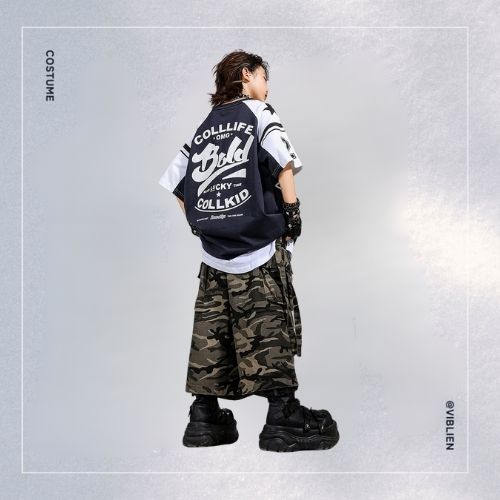 ネイビー×カーキ ストリートHIPHOP キッズダンス衣装 - 画像 (5)