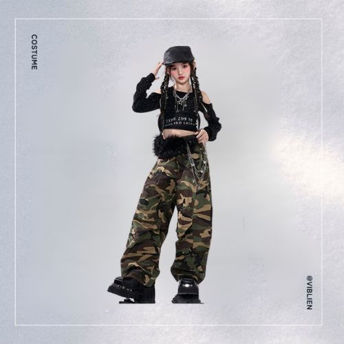 カーキ迷彩 ストリートHIPHOP キッズダンス衣装 - 画像 (3)