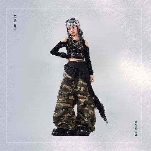 カーキ迷彩 ストリートHIPHOP キッズダンス衣装 - 画像 (4)