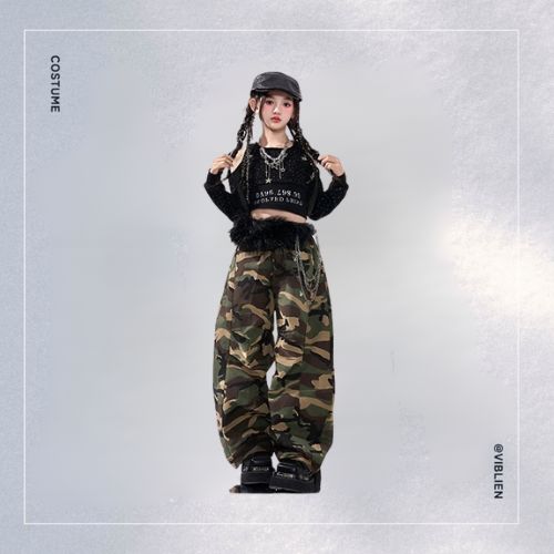 カーキ迷彩 ストリートHIPHOP キッズダンス衣装 - 画像 (2)