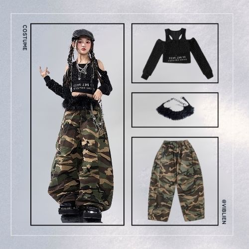 カーキ迷彩 ストリートHIPHOP キッズダンス衣装 - 画像 (6)
