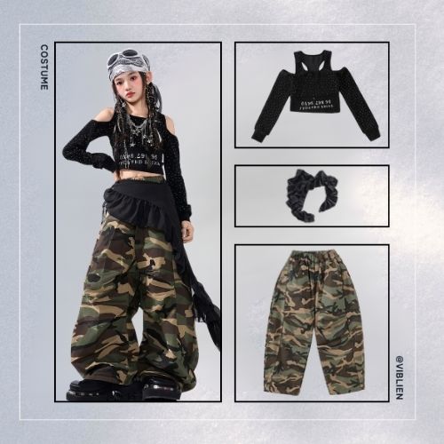 カーキ迷彩 ストリートHIPHOP キッズダンス衣装 - 画像 (5)