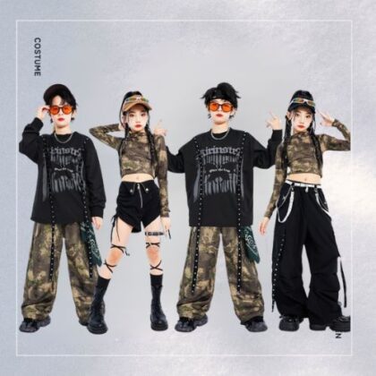 カーキ迷彩 ストリートHIPHOP キッズダンス衣装