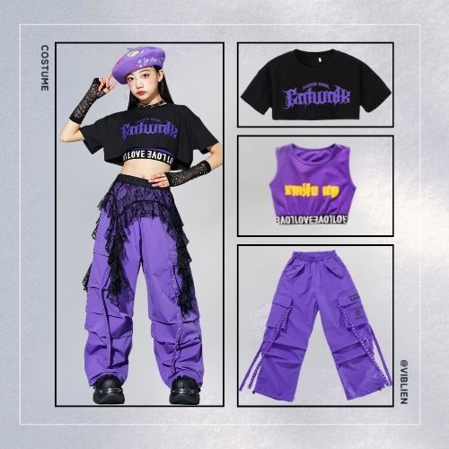 パープル×ブラック ガールズHIPHOP キッズダンス衣装 - 画像 (6)