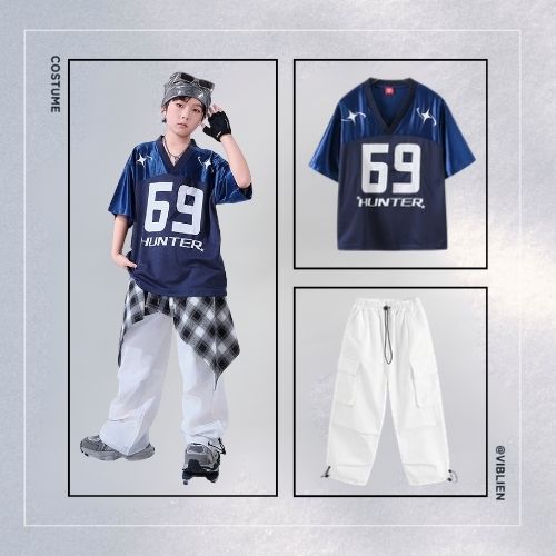 ネイビー×ホワイト ストリートHIPHOP キッズダンス衣装 - 画像 (7)