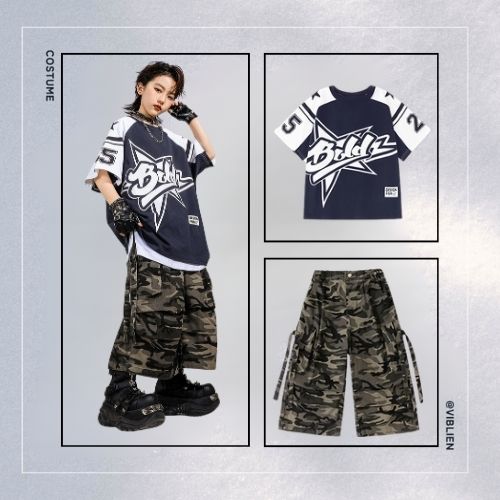 ネイビー×カーキ ストリートHIPHOP キッズダンス衣装 - 画像 (8)