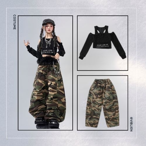 カーキ迷彩 ストリートHIPHOP キッズダンス衣装 - 画像 (9)