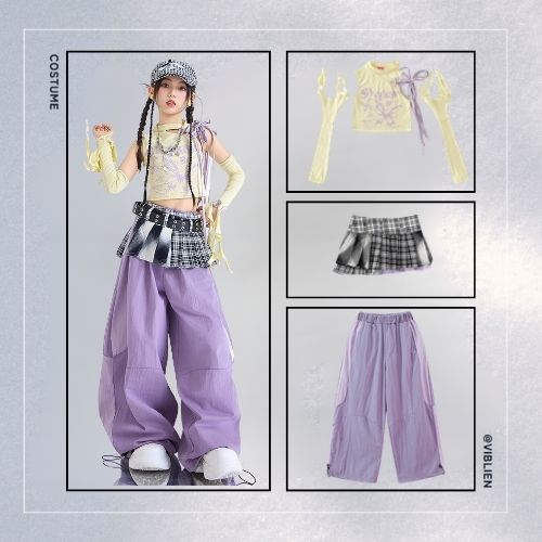 パープル×ホワイト ガールズHIPHOP キッズダンス衣装 - 画像 (7)