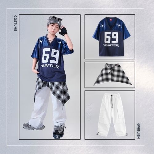 ネイビー×ホワイト ストリートHIPHOP キッズダンス衣装 - 画像 (10)